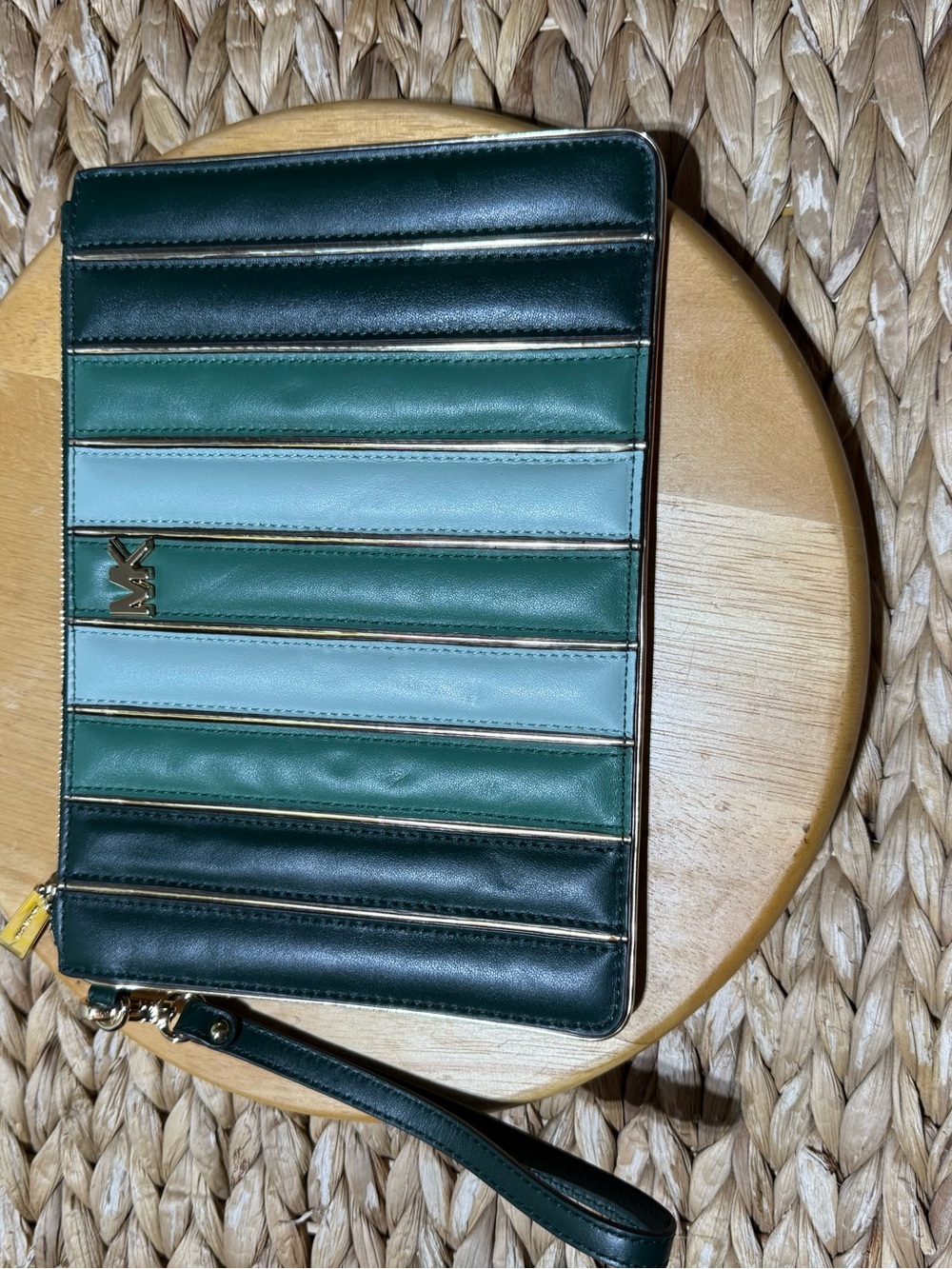 Michael Kors Green and Light Blue Striped Leather Wristlet
